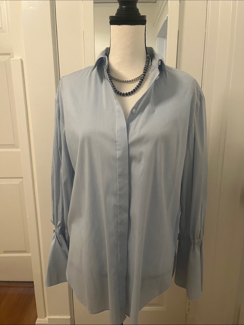 Treasure &Bond Blue White Stripe Oversized Button Up Long Sleeve Gathered Wrist